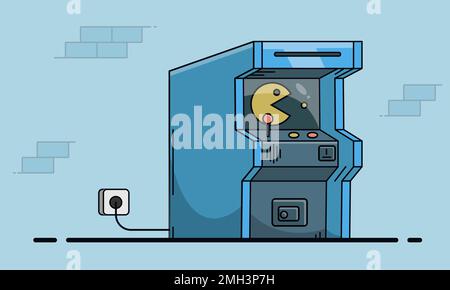 Macchina per videogiochi vintage 1990s. Monitor console Vector. Immagine del computer per giochi con schermata di gioco Illustrazione Vettoriale