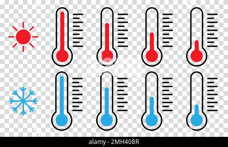 Set di simboli del termometro. Icone di temperatura fredda e calda. Illustrazione vettoriale isolata su sfondo trasparente Illustrazione Vettoriale