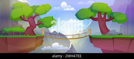 Paesaggio estivo con montagne, piante, nuvole e ponte sospeso sul precipizio tra le scogliere. Illustrazione vettoriale dei cartoni animati di rocce, erba verde e alberi, passerella di legno sopra abisso di giorno. Illustrazione Vettoriale