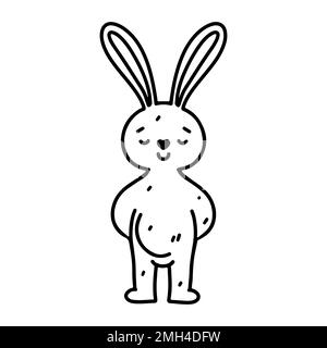 Divertente coniglietto in stile doodle disegnato a mano. Simpatico coniglio giocattolo. Attività della pagina di colorazione. Isolato su sfondo bianco Illustrazione Vettoriale