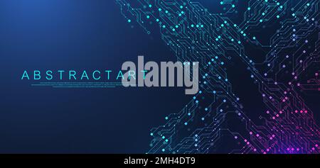Design dello sfondo della struttura della scheda a circuito stampato con tecnologia moderna. Flusso delle onde. Tecnologia di esplosione quantistica. Concetto di tecnologie informatiche quantistiche. Futuristico Illustrazione Vettoriale