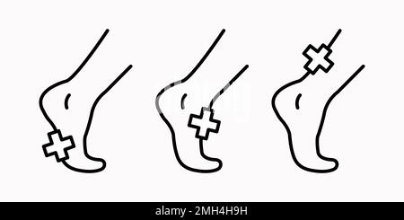 Icona piede, caviglia. Lo stile contorno può essere utilizzato per il Web, i dispositivi mobili e l'interfaccia utente. Dolore, anca, orto, anatomia, corpo, concetto di cura. Illustrazione del logo vettoriale isolata Illustrazione Vettoriale