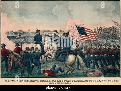 La Battaglia di Wilson's Creek, conosciuta anche come Battaglia di Oak Hills, fu una battaglia importante nei primi mesi della guerra civile americana che ebbe luogo il 10th agosto 1861. Le forze unionisie sotto Nathaniel Lyon e Samuel D. Sturgis perse ai confederati sotto Sterling Price e Benjamin McCulloch. Il generale Lione è stato ucciso durante la lotta. Questa immagine raffigura la morte, durante una carica di cavalleria, di Lione. Foto Stock