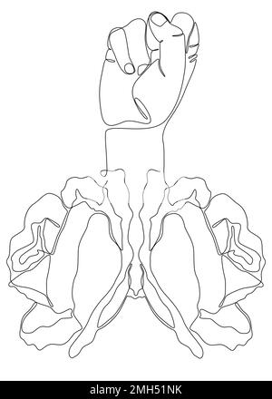 Una linea continua di pugni arroccati e sollevati dalla rosa. Concetto di vettore di illustrazione a linea sottile. Disegno di contorno idee creative. Illustrazione Vettoriale