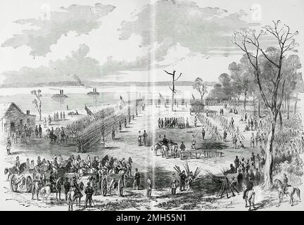 La Battaglia dell'isola numero 10 fu una battaglia nella guerra civile americana combattuta il 28th febbraio-aprile 8th 1862 in Kentucky. Fu un assalto anfibio unionista all'Isola numero 10 che tenne una posizione dominante nel fiume Mississippi. L'assalto fu sotto il comando di Giovanni Papa, e fu una vittoria unionista quando l'isola fu catturata. L'immagine raffigura la resa delle forze confederate, cinquemila forti, sotto i generali McCall e Gantt, al generale Paine, a Tiptonville, Tenn., aprile 8th 1862. Foto Stock