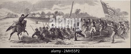 La Battaglia di Pea Ridge (la Battaglia di Elkhorn Tavern) fu una battaglia della guerra civile americana combattuta il 7-8th marzo 1862 in Arkansas. L'assalto era sotto il comando di Samuel Curtis, ed era una vittoria unionista. L'immagine raffigura l'ottavo Volontario del Missouri che carica il diciottesimo Regolo. Foto Stock