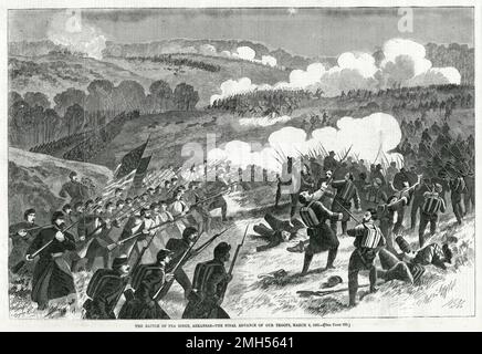 La Battaglia di Pea Ridge (la Battaglia di Elkhorn Tavern) fu una battaglia della guerra civile americana combattuta il 7-8th marzo 1862 in Arkansas. L'assalto era sotto il comando di Samuel Curtis, ed era una vittoria unionista. L'immagine raffigura l'avanzamento finale delle truppe unioniste. Foto Stock