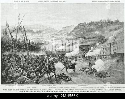 Ultima ora della Battaglia di Pea Ridge. La Battaglia di Pea Ridge (la Battaglia di Elkhorn Tavern) fu una battaglia della guerra civile americana combattuta il 7-8th marzo 1862 in Arkansas. L'assalto era sotto il comando di Samuel Curtis, ed era una vittoria unionista. Foto Stock