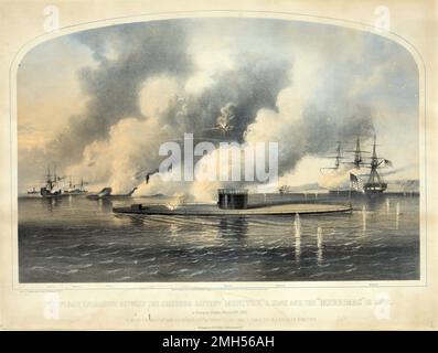 La Battaglia di Hampton Roads (anche Battaglia del Monitor e della Virginia o Battaglia di Ironclads) fu una battaglia nella Guerra civile americana combattuta il 8-9th Marzo 1862 nelle corsie marittime di Hampton Roads. Fu la prima battaglia navale tra le moderne navi metalliche invece delle navi a vela in legno. La vulnerabilità delle navi in legno era evidente a tutti e la battaglia segna l'inizio dell'era spaventosa. Questa immagine raffigura il CSS Virginia (ribattezzato USS Merrimac) che combatte con il monitor USS. Foto Stock