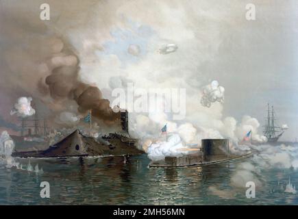 La Battaglia di Hampton Roads (anche Battaglia del Monitor e della Virginia o Battaglia di Ironclads) fu una battaglia nella Guerra civile americana combattuta il 8-9th Marzo 1862 nelle corsie marittime di Hampton Roads. Fu la prima battaglia navale tra le moderne navi metalliche invece delle navi a vela in legno. La vulnerabilità delle navi in legno era evidente a tutti e la battaglia segna l'inizio dell'era spaventosa. Questa immagine raffigura il CSS Virginia (ribattezzato USS Merrimac) che combatte con il monitor USS. Foto Stock