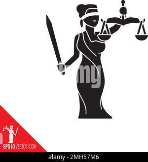 Lady Justice o Themis Femida, bendato con bilanciamento del fascio e spada, icona del vettore cartoon. Servizi legali e simbolo di legge. Illustrazione Vettoriale