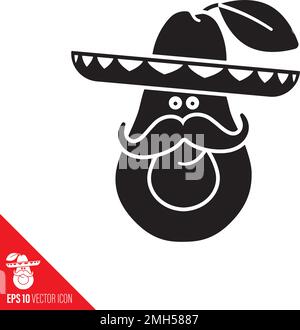 Avocado con cappello sombrero e volto con baffi personaggio cartoon icona vettore. Simbolo sano del cibo messicano Illustrazione Vettoriale