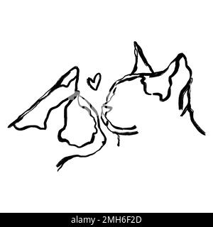 Gatti coppia disegno a mano illustrazione. San Valentino art. Due disegni astratti delle testine di gatto. Innamorato Foto Stock