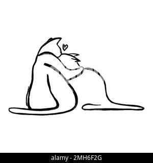 Gatti coppia disegno a mano illustrazione. Due gatti astratti che abbraccia. San Valentino arte Foto Stock