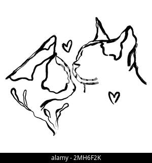 Coppia di gatti disegnati a mano. Illustrazione astratta dei gatti floreali. San Valentino art. Due disegni astratti delle testine di gatto. Innamorato Foto Stock