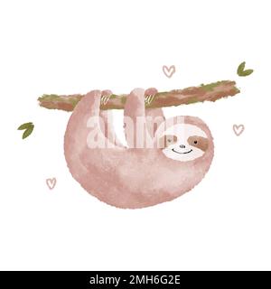 Carino rosa sloth acquerello illustrazione. Divertente cartoon sloth clipart Foto Stock