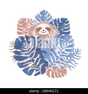 Cute sloth tra le foglie tropicali. Illustrazione di acquerello tropicale. Clivpart acquerello di animali del bambino Foto Stock