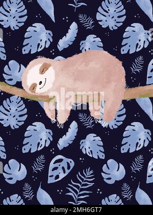 Cute che dorme sloth fra l'illustrazione di acquerello delle foglie blu tropicale. Poster acquerello tropicale Foto Stock