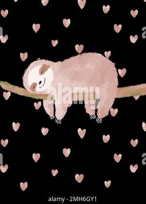 Carino sonno sloth, cuori rosa sfondo illustrazione. Poster sull'acquerello degli animali Foto Stock