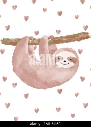 Carino sloth, cuori rosa sfondo illustrazione. Poster sull'acquerello degli animali Foto Stock