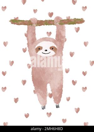 Cute bambino sloth, illustrazione di fondo di cuori rosa. Poster sull'acquerello degli animali Foto Stock