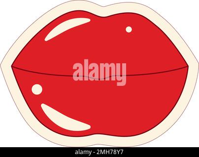 Adesivo colorato brillante a forma di labbra in uno stile retrò alla moda. Pop Art Adesivo. Icona. Isolare. Ideale per poster, banner, inviti, schede di congratulazioni o prezzo, etichette e brochure Illustrazione Vettoriale
