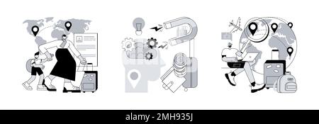 Set di illustrazioni vettoriali di concetto astratto del capitale umano. Migrazione internazionale, fuga di cervelli, nomade digitale, lavoratori qualificati, avvio di attività, lascia il paese, metafora astratta del lavoro freelance. Illustrazione Vettoriale