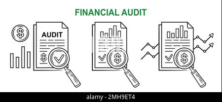 Risultato della valutazione dell'audit finanziario, analisi della contabilità finanziaria aziendale, icona della riga delle statistiche dell'auditor. Documento sotto la lente di ingrandimento. Vettore Illustrazione Vettoriale