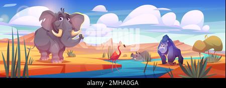Animali africani al buco di annaffiamento in savana. Savana o paesaggio desertico con fiume e simpatico elefante, gorilla, ippopotamo e fenicottero in acqua, illustrazione vettoriale cartone animato Illustrazione Vettoriale