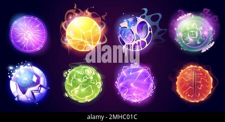 Set di cartoni animati di palle magiche che raccontano la fortuna. Illustrazione vettoriale di misteriose sfere di energia per la previsione futura. Sfere di vetro witchcraft incandescente isolato su sfondo scuro. Simbolo di potenza suprenaturale Illustrazione Vettoriale