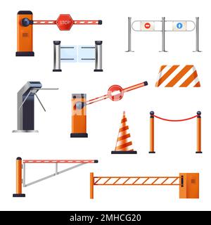 Barriere e gru di arresto, ingresso o tornello, oggetti isolati cono stradale Illustrazione Vettoriale