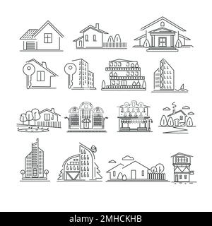 Edifici o immobili isolati delineano icone, case e appartamenti Illustrazione Vettoriale
