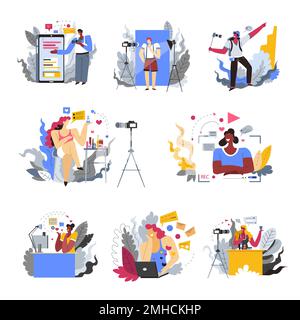 Blogger professione o hobby icone isolate, dispositivi mobili Illustrazione Vettoriale