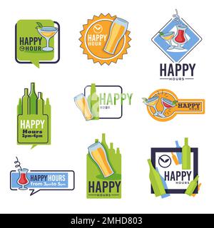 Bar Happy hour icone isolate, birra e cocktail, bevande alcoliche Illustrazione Vettoriale