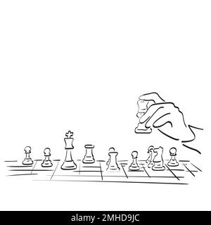line art closeup mano giocare a scacchi illustrazione vettore disegnato a mano isolato su sfondo bianco Illustrazione Vettoriale