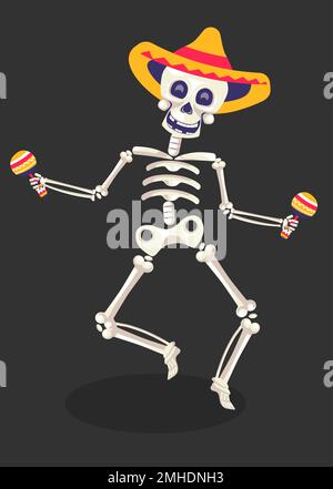 Simbolo del giorno della morte, scheletro in sombrero con maracas, dia de Los Muertos Illustrazione Vettoriale