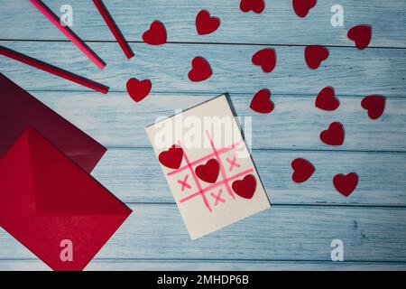 San Valentino. Istruzioni per la realizzazione di biglietti di San Valentino. Testo CHE HAI VINTO IL MIO CUORE e TIC tac tep gioco Postcard Craft, biglietto d'auguri. Istruzioni DIY passo per passo. Fare di San Valentino fatto a mano biglietto di auguri hobby concetto, dono con le vostre mani. Foto Stock