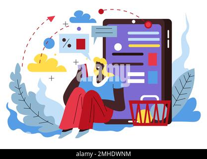 Smartphone, donna che acquista abiti, app per lo shopping online Illustrazione Vettoriale