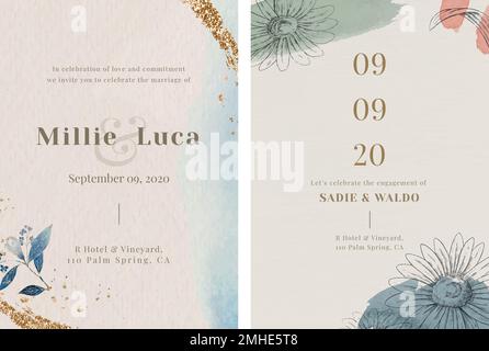 Set vettoriale modello di biglietto di invito beige per matrimoni Illustrazione Vettoriale