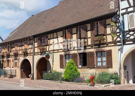 Bella strada nel comune di Eguisheim Francia Foto Stock