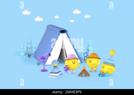 3d grafica renderizzata character camping istruzione Foto Stock