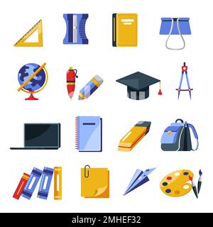 Forniture scolastiche, strumenti di cancelleria, zaino e laptop, icone isolate Illustrazione Vettoriale