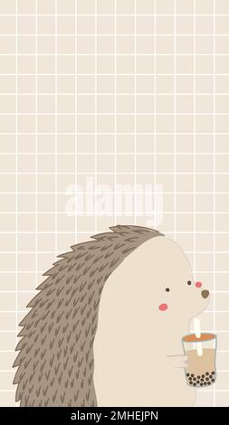 Carino porcupine bere bolla tè cellulare carta da parati vettore Illustrazione Vettoriale