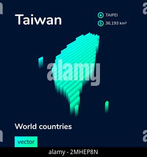 Mappa isometrica digitale a righe vettoriale al neon stilizzata Taiwan, con effetto 3D. La carta di Taiwan è in verde, turchese e menta sul blu scuro Illustrazione Vettoriale