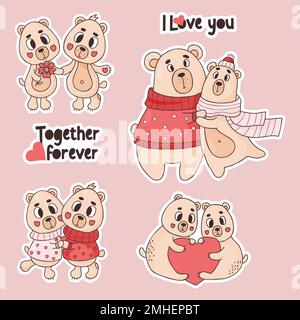 Fissare gli adesivi freddo orsacchiotto. Coppia carina porta innamorati di cuore e fiore. Vettori isolati animali divertenti per il design, arredamento, stampa, saluto auto Illustrazione Vettoriale