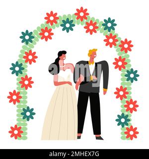 Giorno di nozze, sposa e sposo sotto l'arco di fiori caratteri isolati Illustrazione Vettoriale