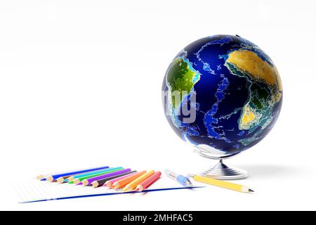 Modello Earth Planet, matite сolored, penne colorate e una matita regolare con una fascia di gomma rossa sulla base isolata su sfondo bianco. 3d illustratio Foto Stock