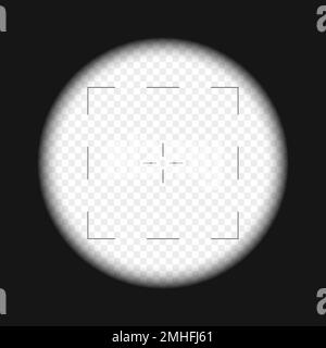 Vista monoculare, telescopica, periscopa con puntamento e sfondo trasparente. Spy, cecchino, commando o cacciatore strumento ottico per scoprire, ingrandire, seguire, indagine. Illustrazione vettoriale Illustrazione Vettoriale