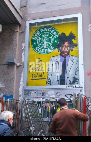 Una parodia, comico, falso pubblicità per il caffè Starbucks, con l'artista Jean-Michel Basquiat. Starbucks si chiama sconosciuti e la tagline i Foto Stock