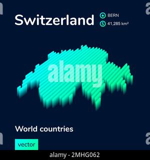 Mappa isometrica al neon stilizzata a righe con effetto 3D. Mappa della Svizzera Illustrazione Vettoriale